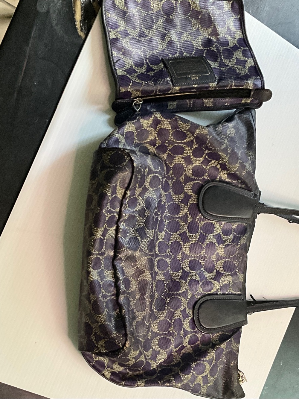 Coach Purple Signature Canvas Shoulder Bag with Dark Leather Trim